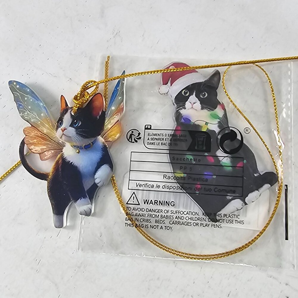 Acrylic Cat Ornament Set of 2 Fairy Kitten Christmas Lights Tuxedo Cat 2D